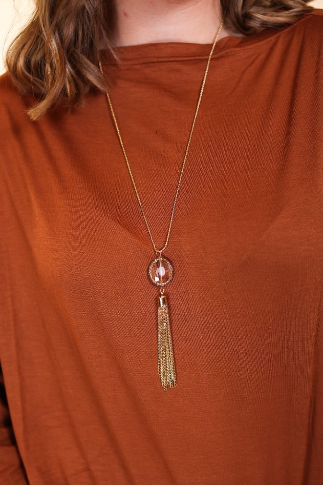 Boss Lady Gold Tassel Necklace with Gemstone