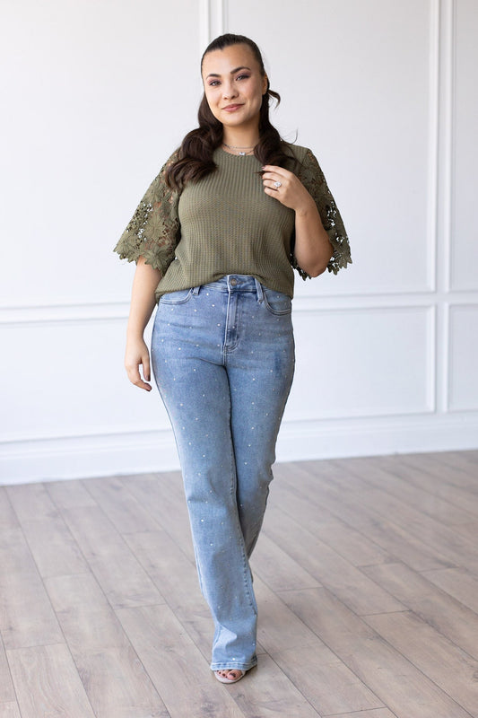 Garden Romance Waffle Knit Top in Olive - Ruumur