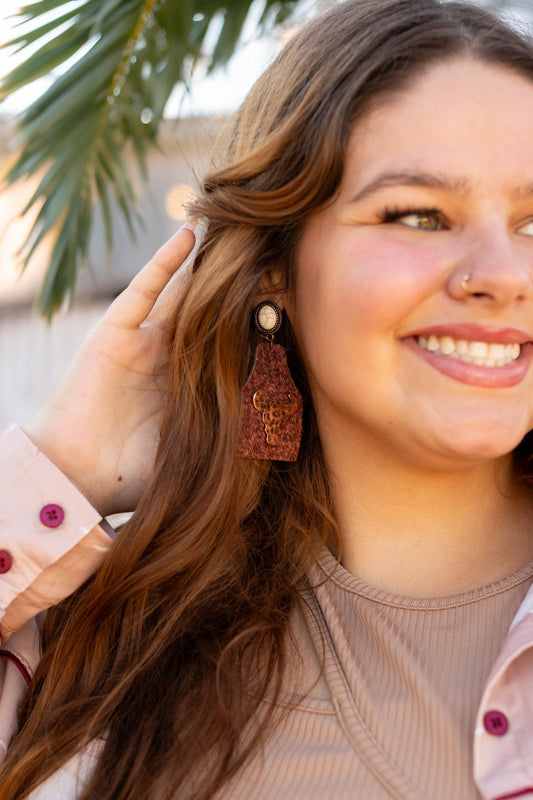 TAKE A NUMBER COWBOY BROWN COWHIDE COPPER COWSKULL STUD EARRINGS