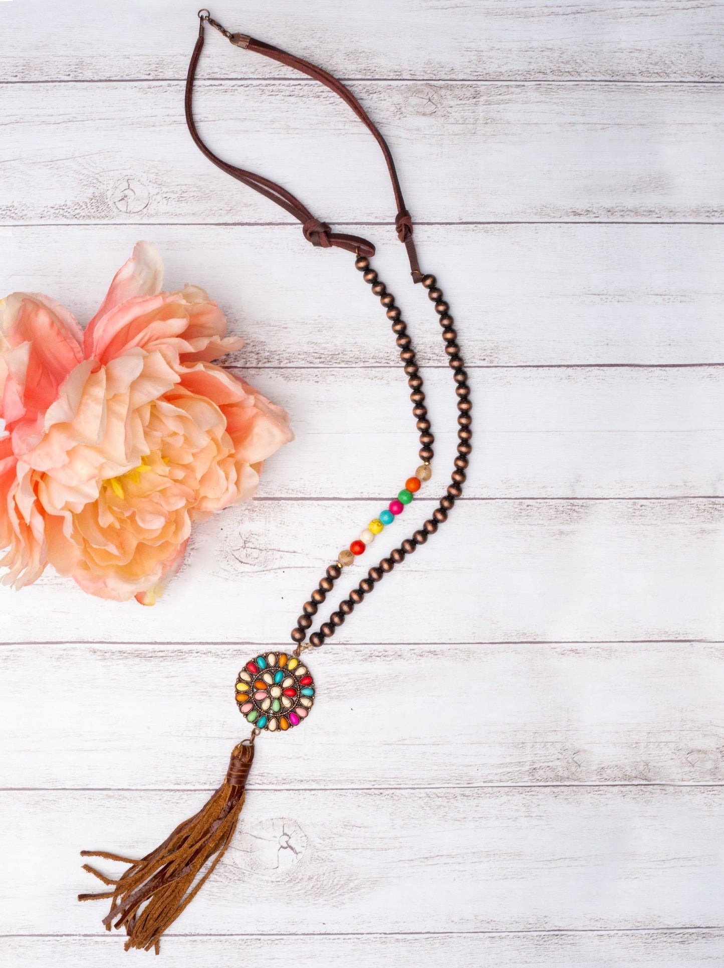 WILD WILD WEST RAINBOW SQUASH BLOSSOM TASSEL PENDANT ON A COPPER NAVAJO PEARL NECKLACE