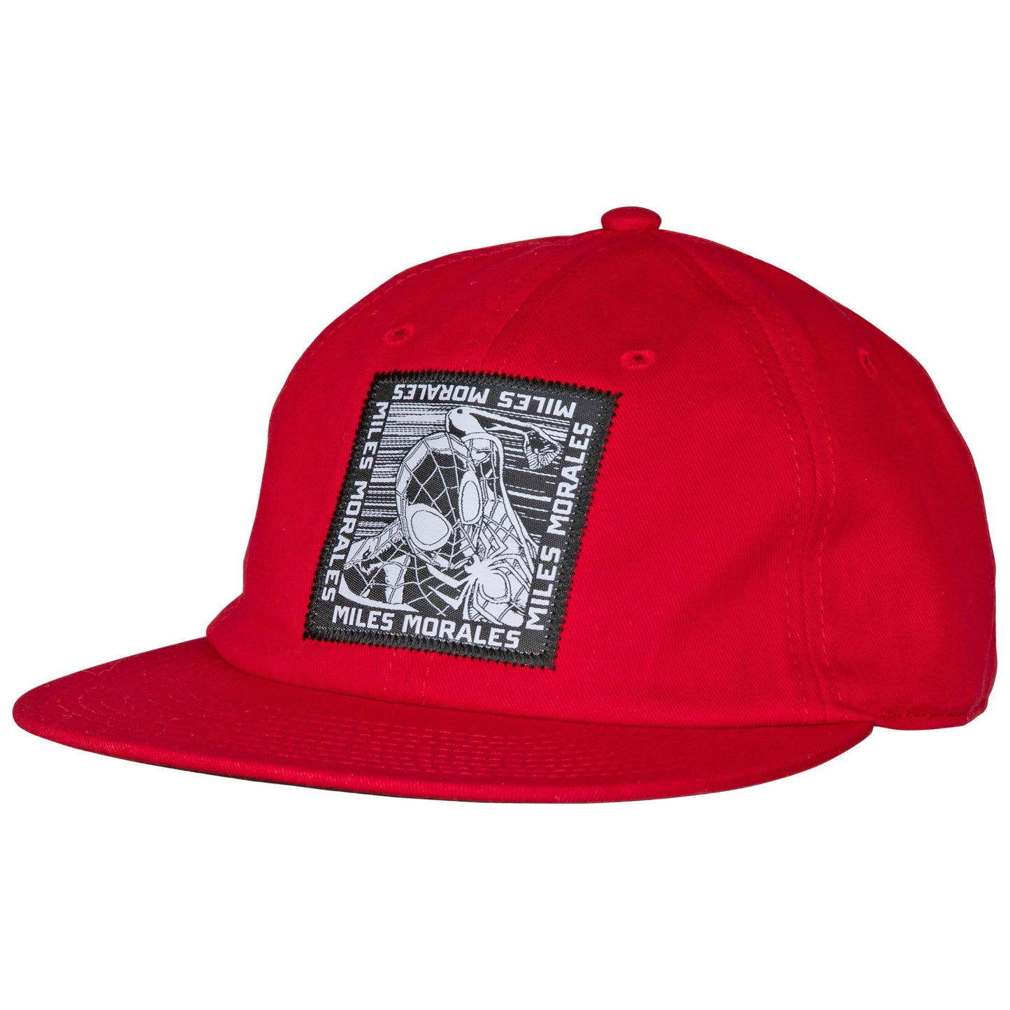 title:Marvel Spider-Man Miles Morales Woven Patch Slouch Flatbill Hat;color:Red