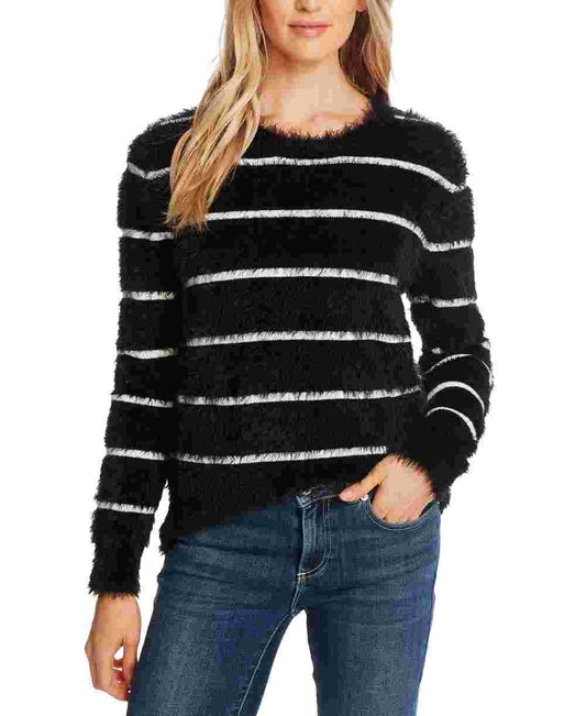 CeCe Women's Frayed Long Sleeve Jewel Neck Sweater Black Size X-Large