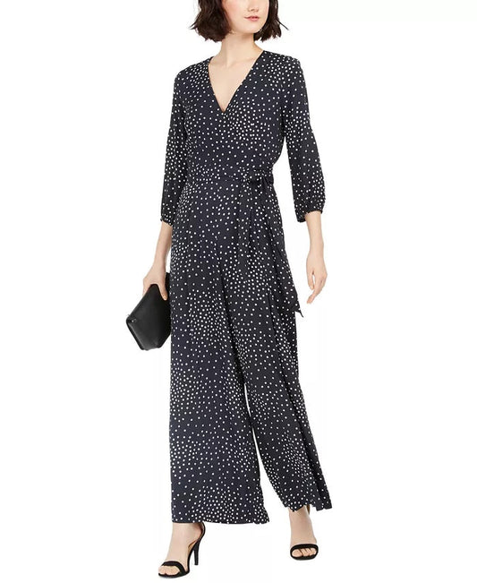 Taylor Women's V-Neck Long Sleeve Tie Side Zipper Back Multi Print Rayon Jumpsuit-Black Ivory Black Size 10