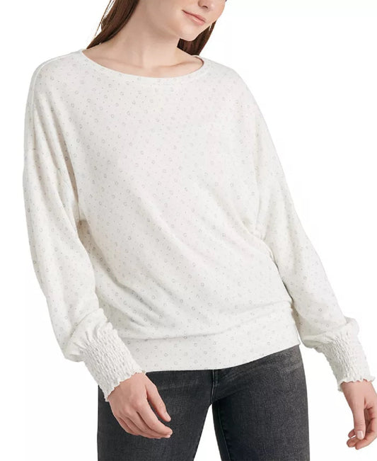 Lucky Brand Women's Ivory Printed Long Sleeve Jewel Neck Sweater Cream Multi,Size Petite Small