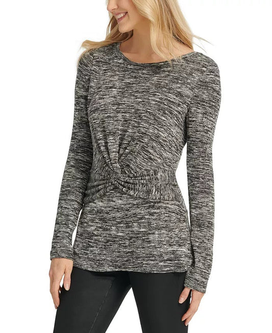 DKNY Women's Heathered Twist-Front Top Charcoal Size Medium