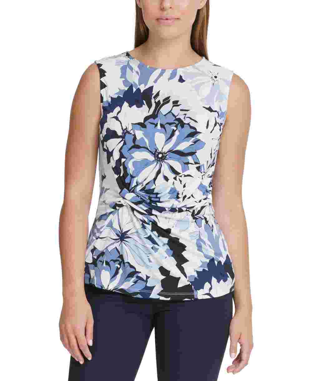 DKNY Women's Blue Gathered Printed Sleeveless Jewel Neck Top Blue Size Medium