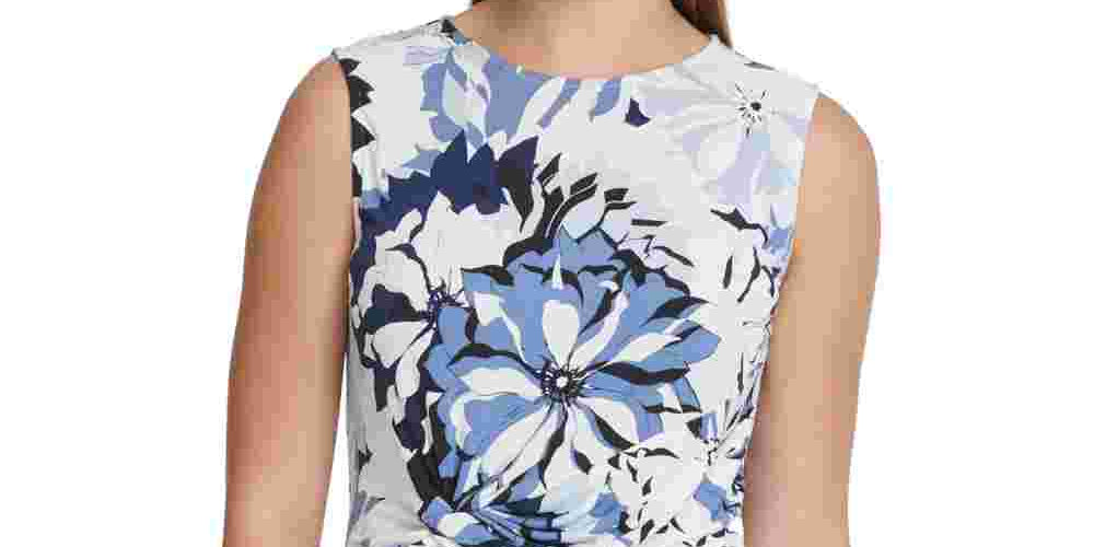 DKNY Women's Blue Gathered Printed Sleeveless Jewel Neck Top Blue Size Medium