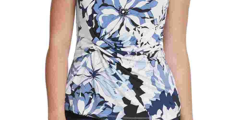 DKNY Women's Blue Gathered Printed Sleeveless Jewel Neck Top Blue Size Medium