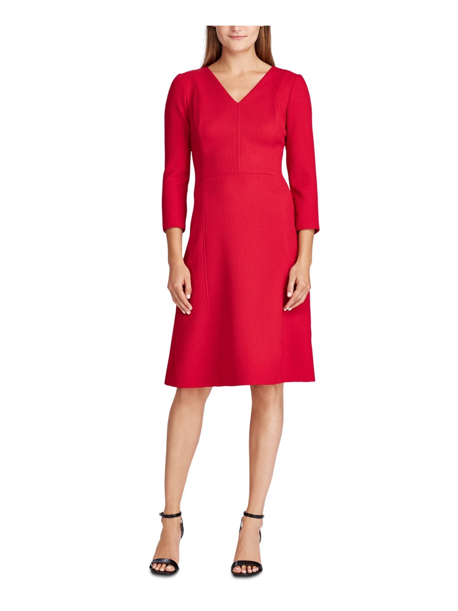 Ralph Lauren Women's 3/4 Sleeve Above The Knee Fit + Flare Party Dress Red Size 0