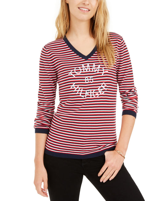 Tommy Hilfiger Women's Cotton Striped V Neck Sweater Navy/Red Size X-Large