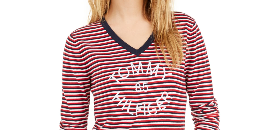 Tommy Hilfiger Women's Cotton Striped V Neck Sweater Navy/Red Size X-Large