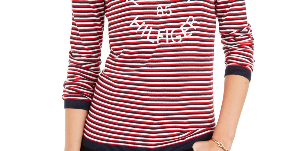 Tommy Hilfiger Women's Cotton Striped V Neck Sweater Navy/Red Size X-Large