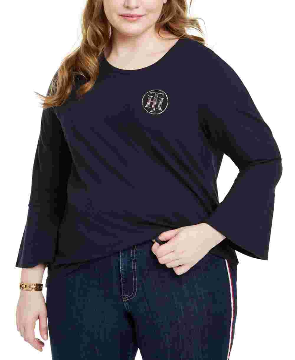Tommy Hilfiger Women's Bell Sleeve Jewel Neck T Shirt Top Navy Size 0X