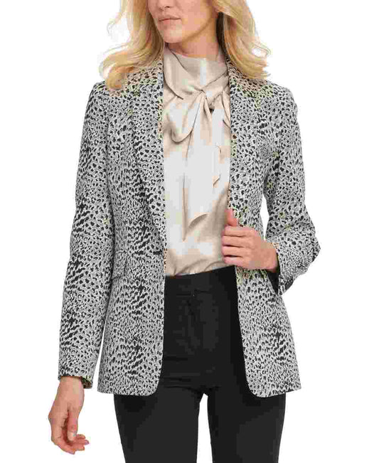 DKNY Women's Animal-Print Single-Button Blazer Grey/Black -Size 2