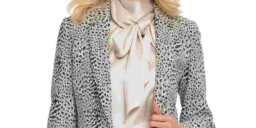 DKNY Women's Animal-Print Single-Button Blazer Grey/Black -Size 2