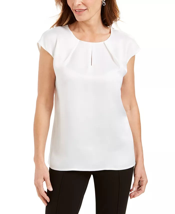 Kasper Women's Petite Pleated-Neck Keyhole Blouse White Size PS