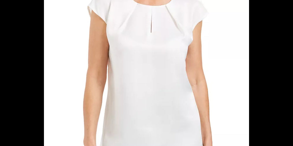 Kasper Women's Petite Pleated-Neck Keyhole Blouse White Size PS