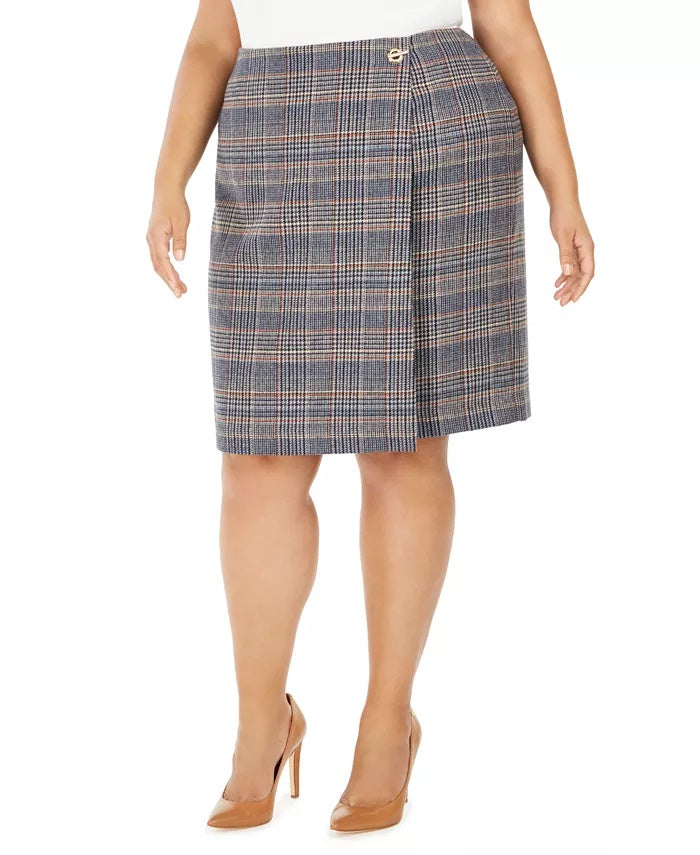 Calvin Klein Women's Plus Plaid Tweed Pencil Skirt Brown Size 14W