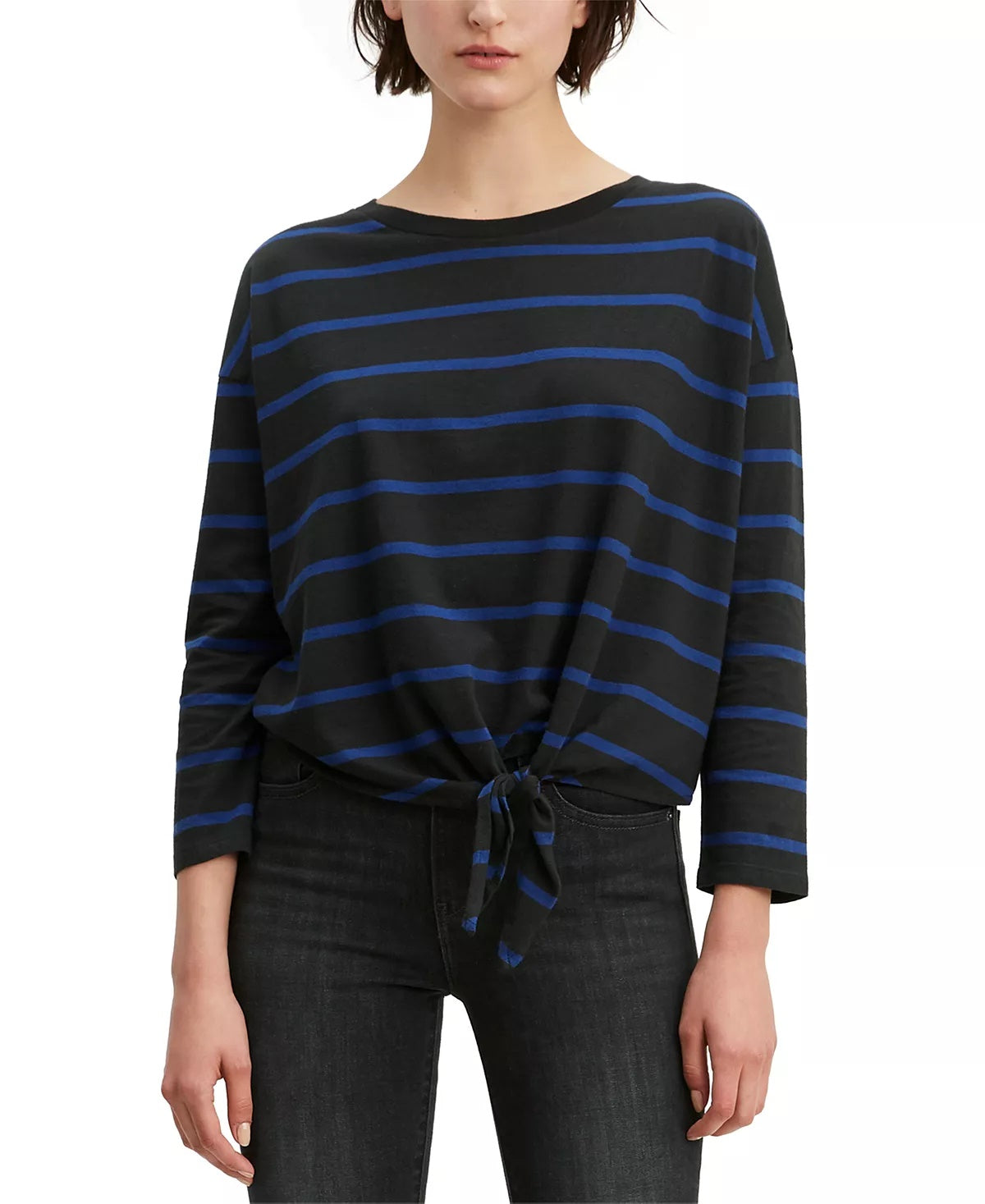 Levi's Women's Greta Striped Tie-Hem Cotton Top Black Size X-Small