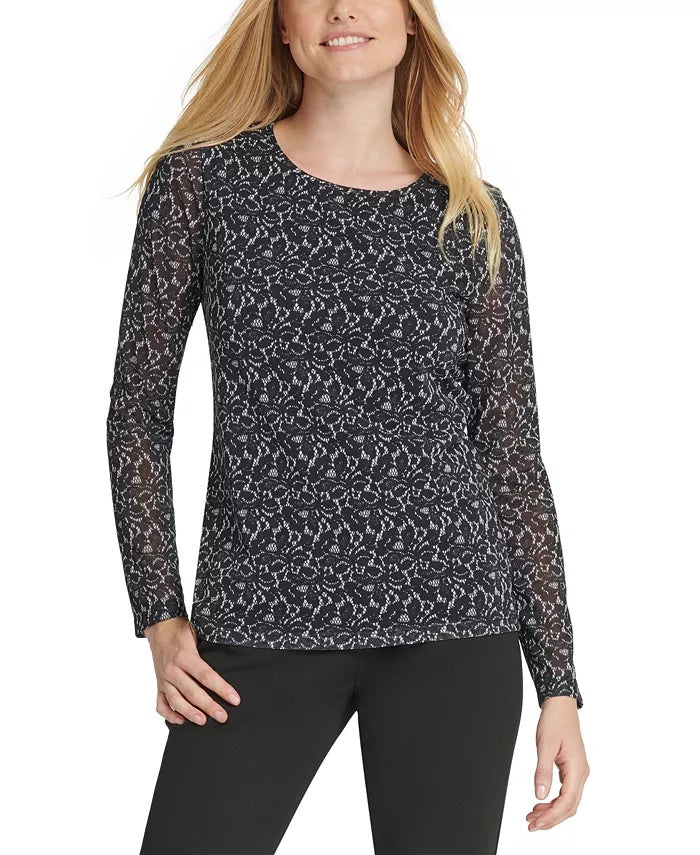 DKNY Women's Printed Sheer-Sleeve Top  Black  Size Small