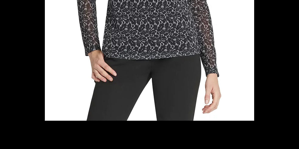 DKNY Women's Printed Sheer-Sleeve Top  Black  Size Small