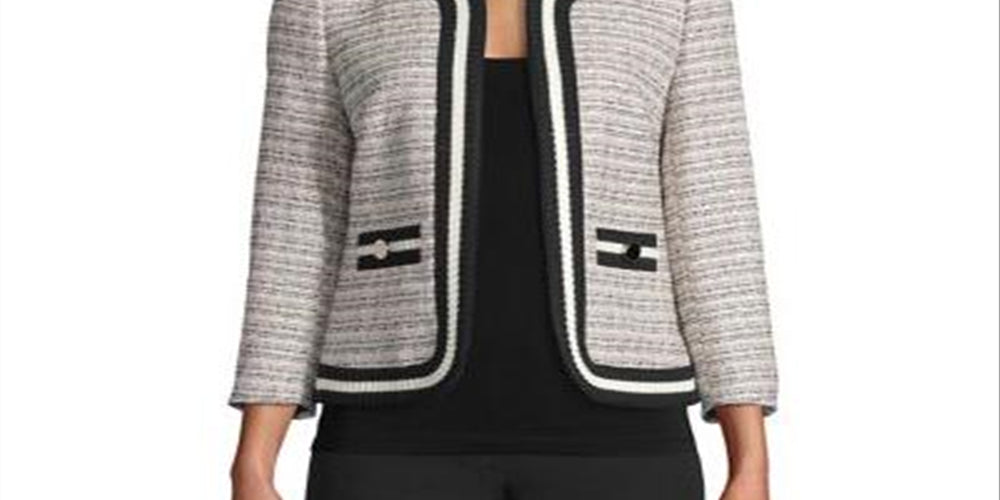 Anne Klein Women's Cherry Blossom Combo Tweed Knit Jacket Black-White Size 12