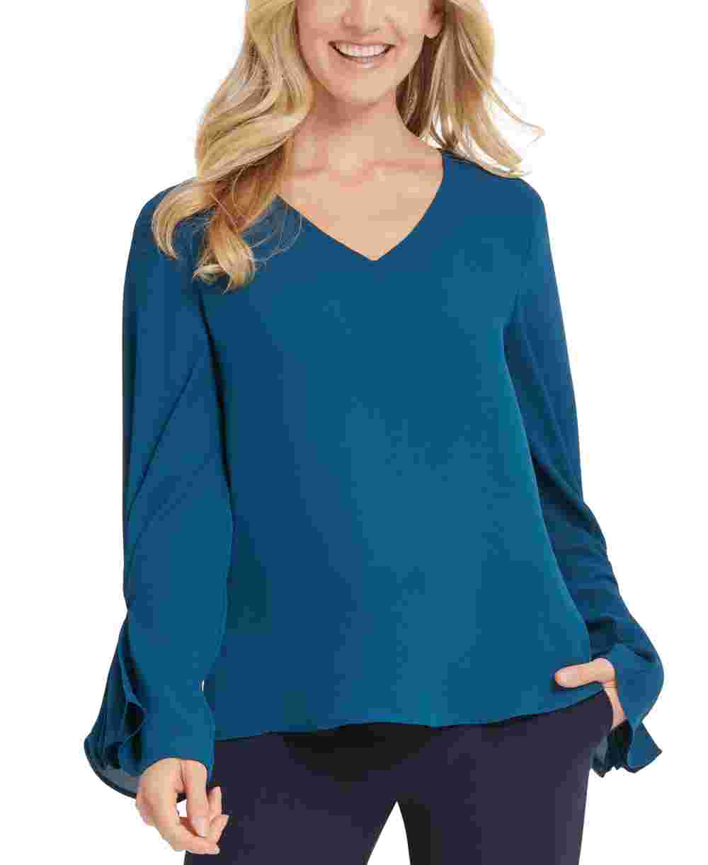 DKNY Women's Gathered Long Sleeve V Neck Top Blue Size Petite Medium