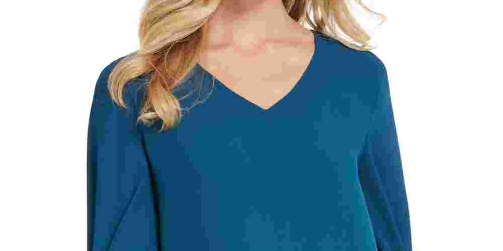 DKNY Women's Gathered Long Sleeve V Neck Top Blue Size Petite Medium