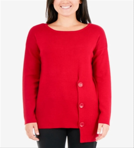 NY Collection Women's Solid Long Sleeve Jewel Neck Blouse Top Red Size Petite Medium