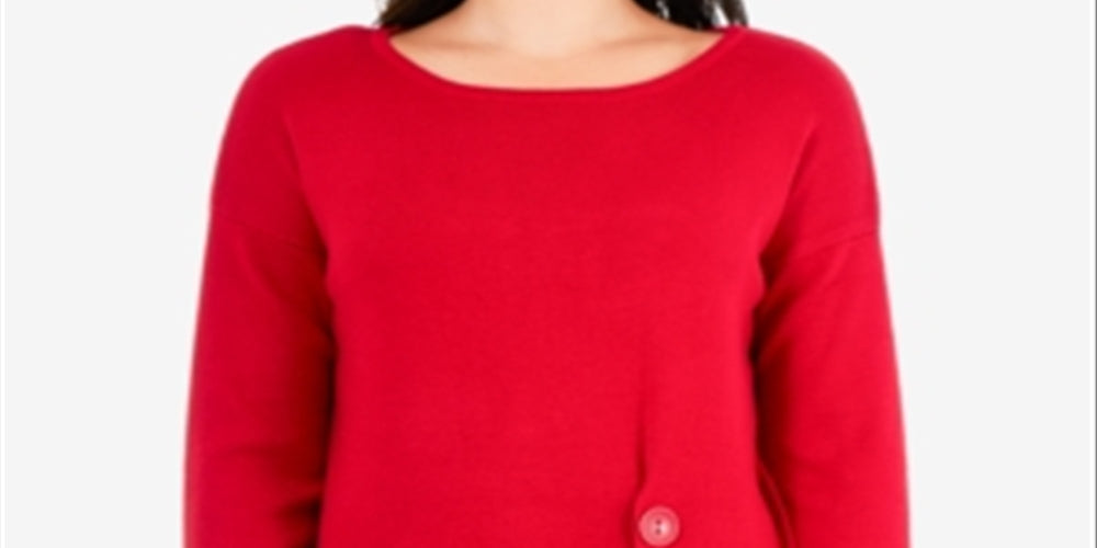 NY Collection Women's Solid Long Sleeve Jewel Neck Blouse Top Red Size Petite Medium