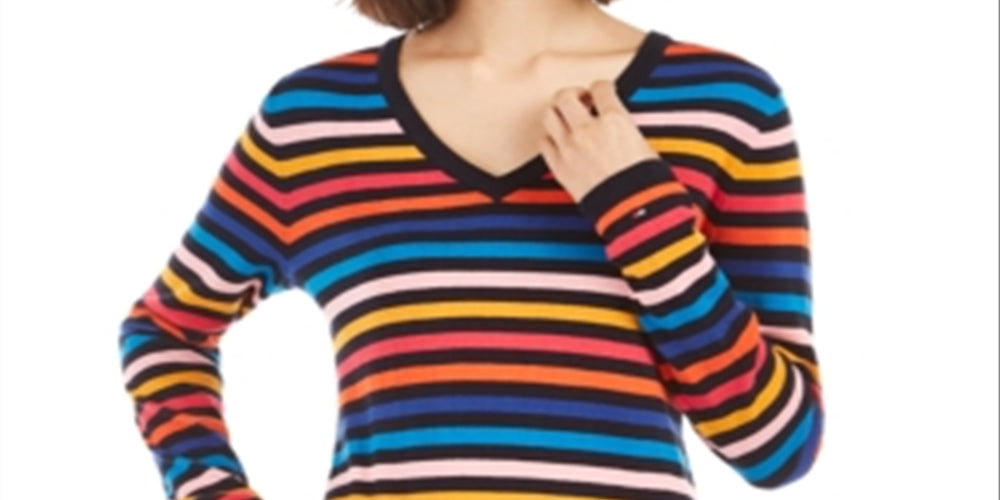 Tommy Hilfiger Women's Burglr Cotton Striped V Neck Sweater Blue Size X-Small