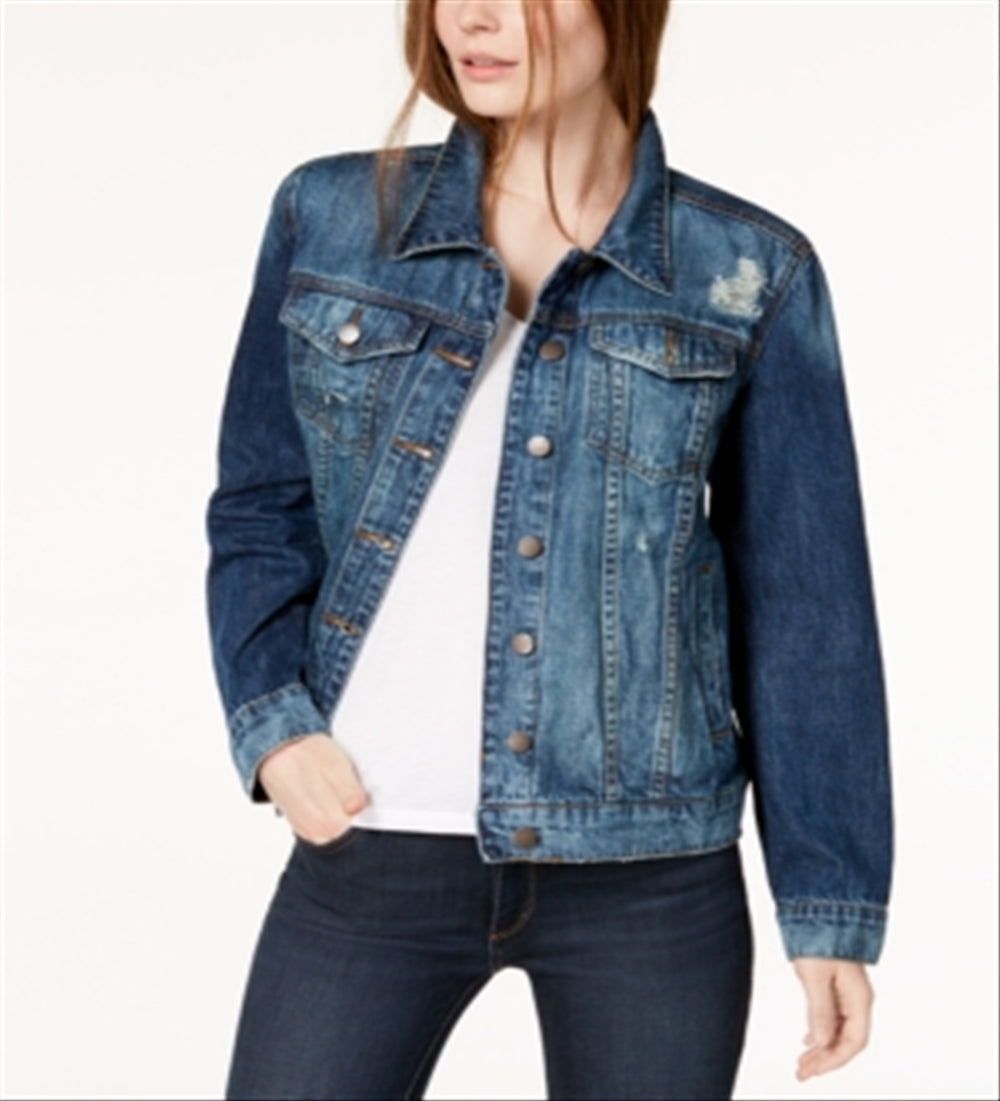 STS Blue Women's Cotton Boyfriend Faded Ripped Distressed Denim Jacket Blue Size X-Small