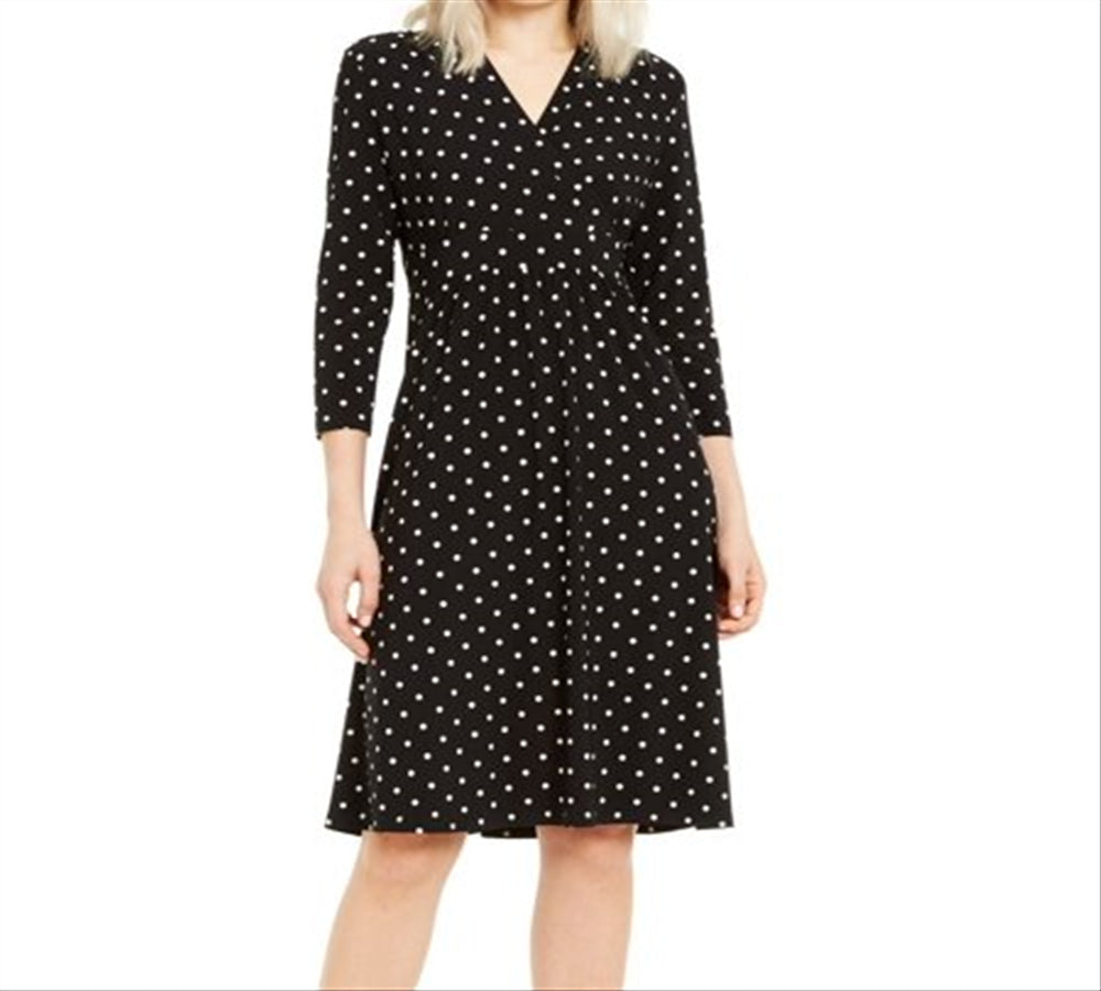 Anne Klein Women's Sheath Polka Dot Surplice Dress Black Size Medium