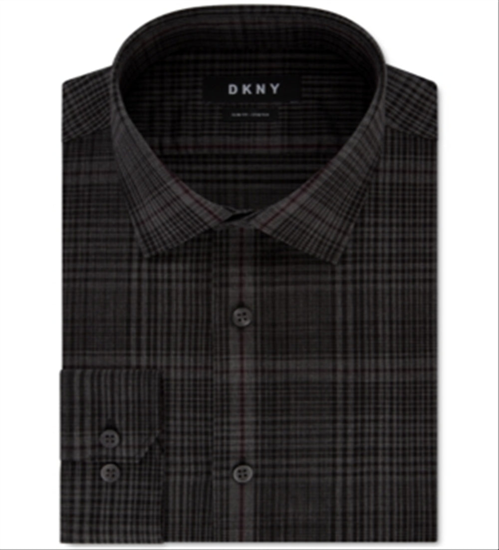 DKNY Men's Slim Fit Performance Stretch Jaspe Plaid Dress Shirt Black Size 16x36-37