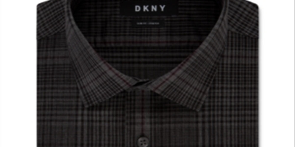 DKNY Men's Slim Fit Performance Stretch Jaspe Plaid Dress Shirt Black Size 16x36-37