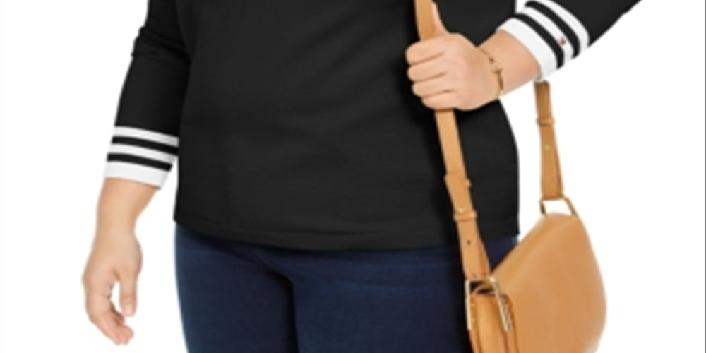 Tommy Hilfiger Women's Plus Cotton Striped V Neck Sweater Black Size 0X