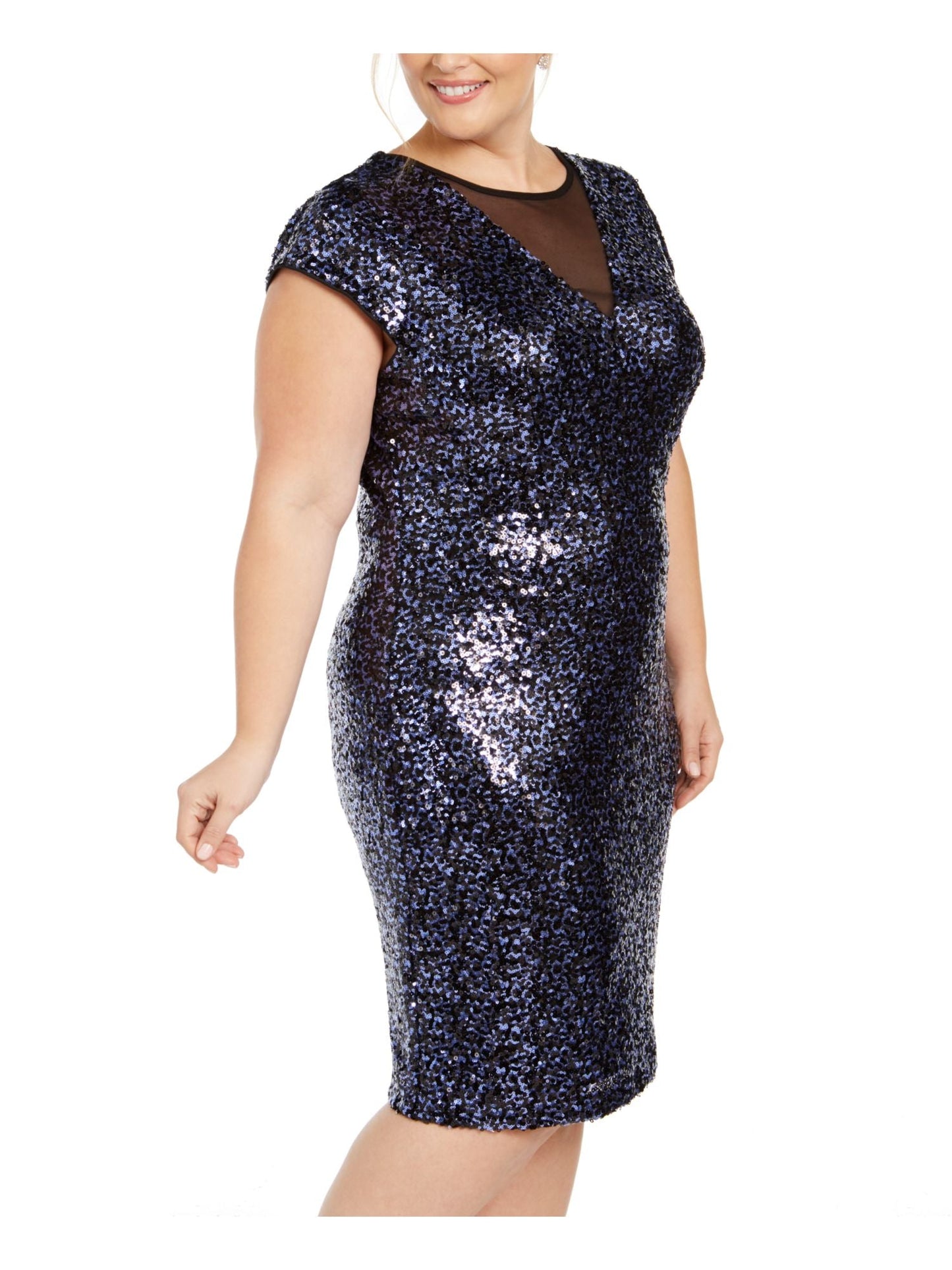 Teeze Me Women's Sequined Cap Sleeve Jewel Neck Knee Length Sheath Party Dress Blue Size 18