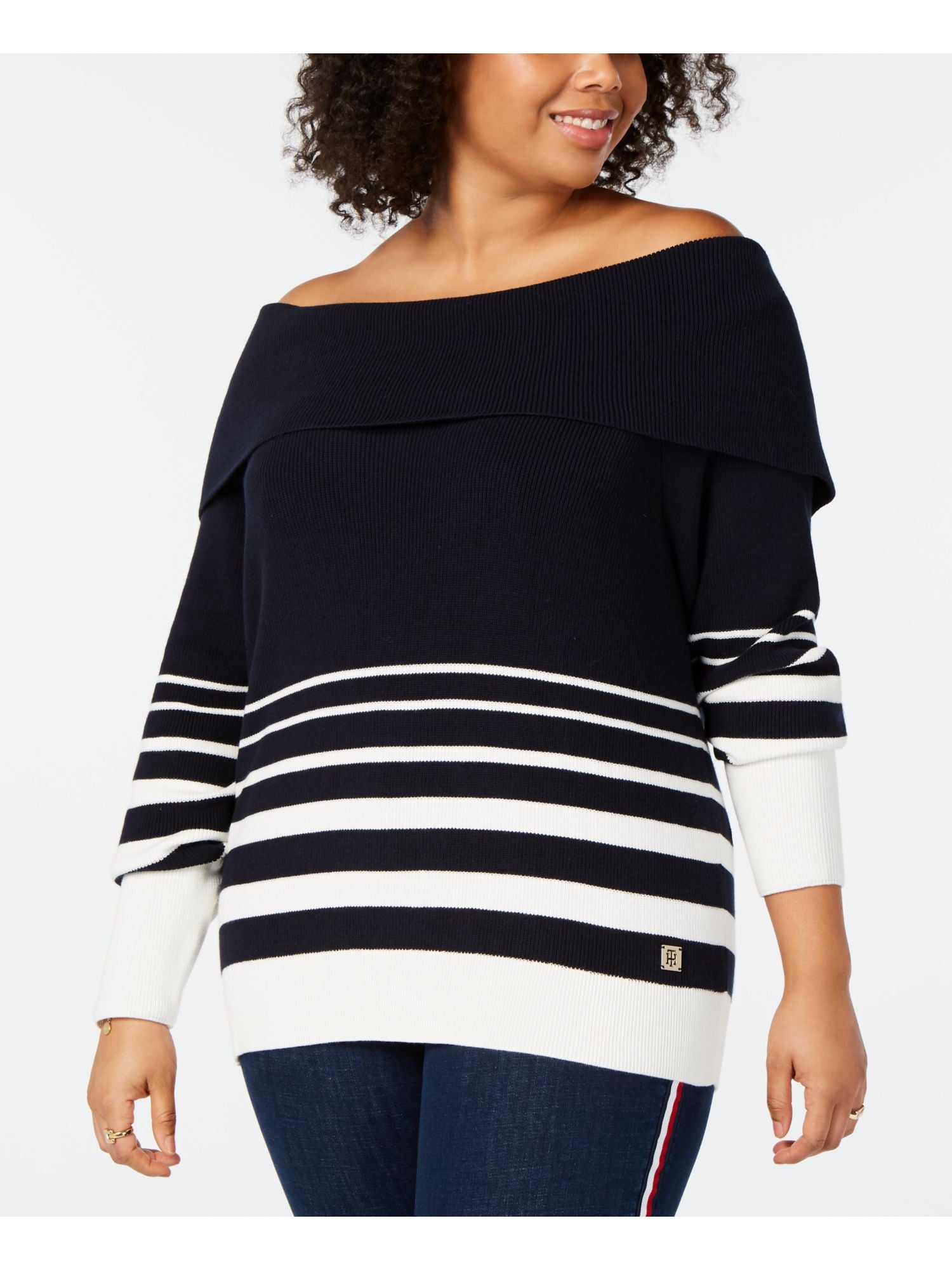 Tommy Hilfiger Women's Plus Striped Off the Shoulder Sweater Blue Size 2XL