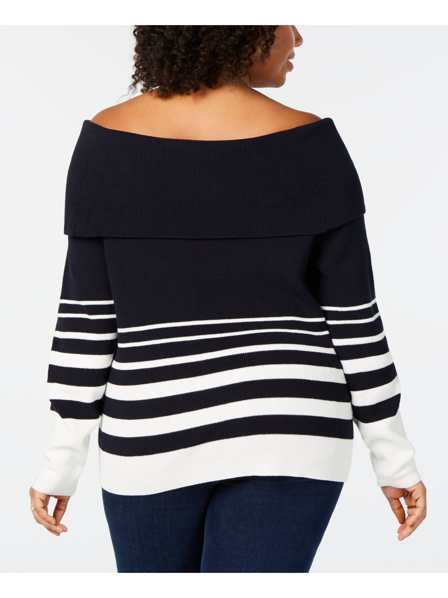 Tommy Hilfiger Women's Plus Striped Off the Shoulder Sweater Blue Size 2XL