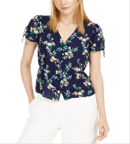 Maison Jules Women's Floral V-Neck Blouse Blue Size M