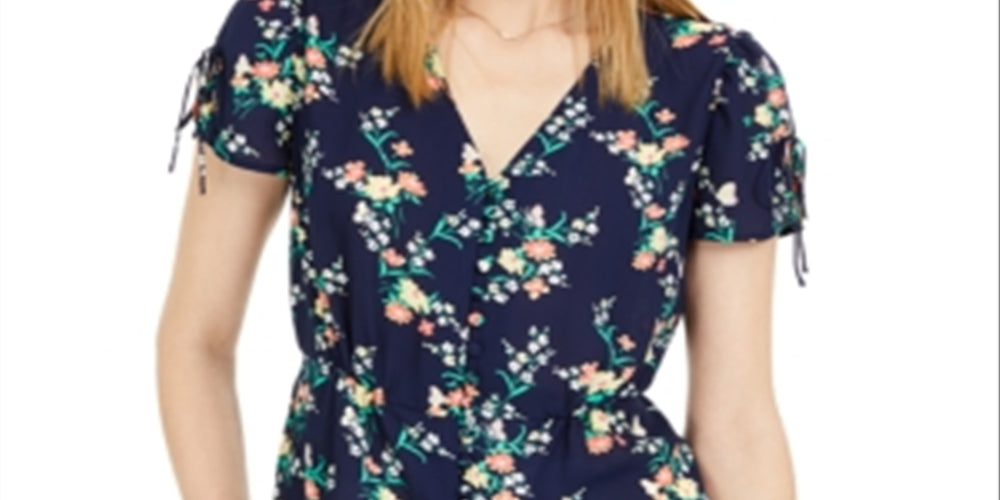 Maison Jules Women's Floral V-Neck Blouse Blue Size M