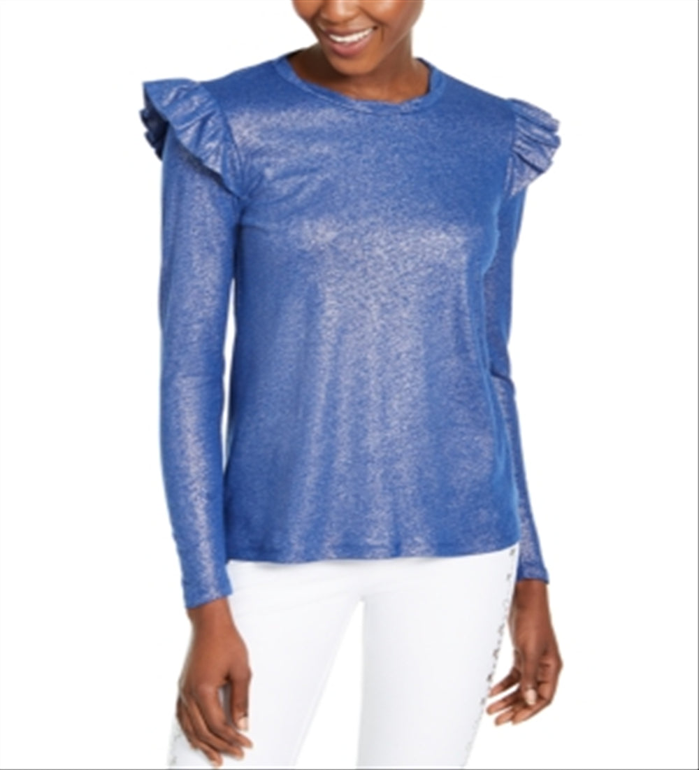 Michael Kors Women's  Ruffled Metallic Long Sleeve Jewel Neck Top Blue Size Large