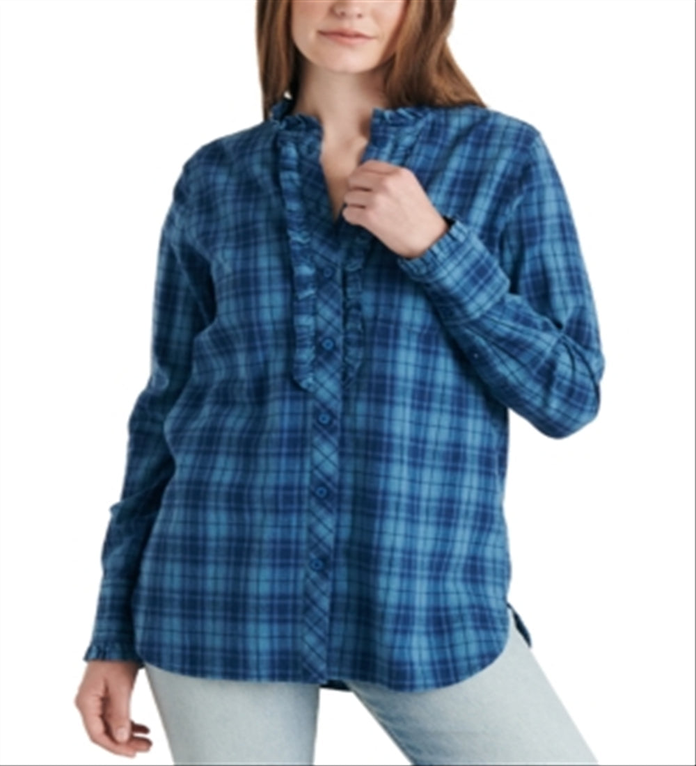 Lucky Brand Women's Audrey Ruffle Plaid Tunic Shirt Blue Size XS