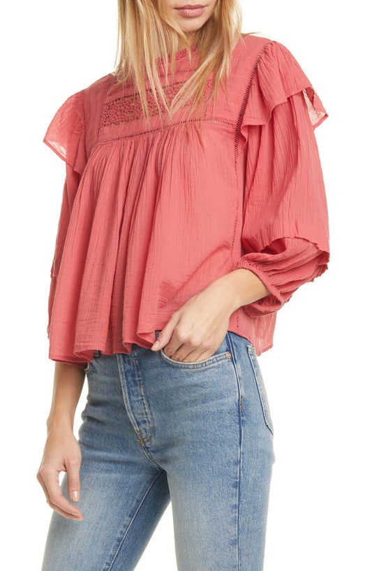 Free People Women's Laura Long Sleeve Top Red Size XS - Ruumur