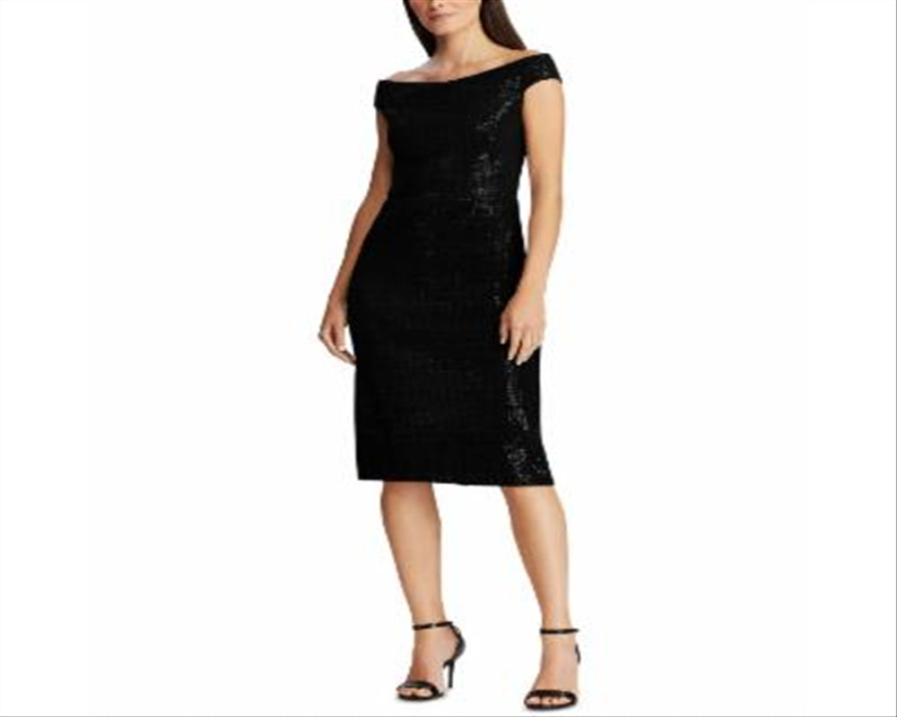Ralph Lauren Women's Sequined Short Sleeve Off Shoulder MIDI Sheath Party Dress Black Size 4 Petite
