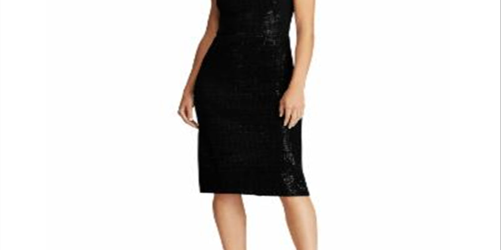 Ralph Lauren Women's Sequined Short Sleeve Off Shoulder MIDI Sheath Party Dress Black Size 4 Petite