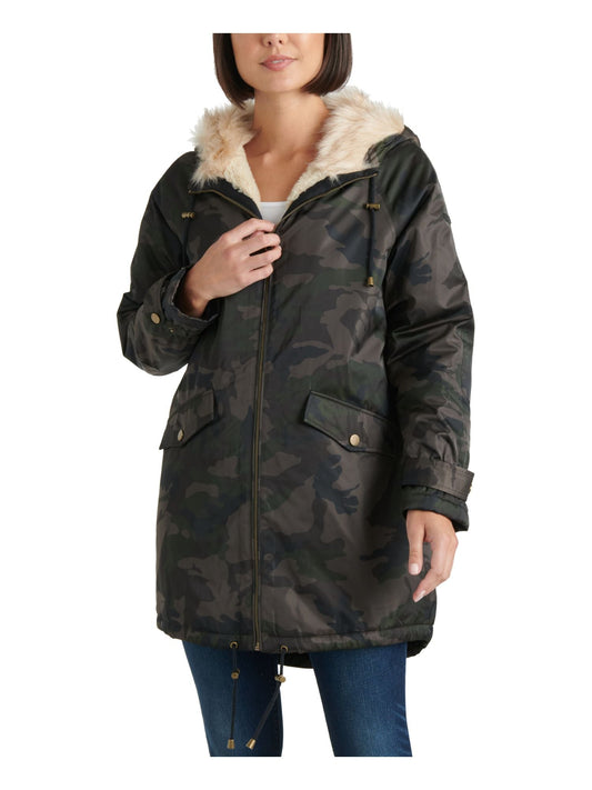 Lucky Brand Women's Camo Print Faux Fur Trim Coat Green Size X-Small