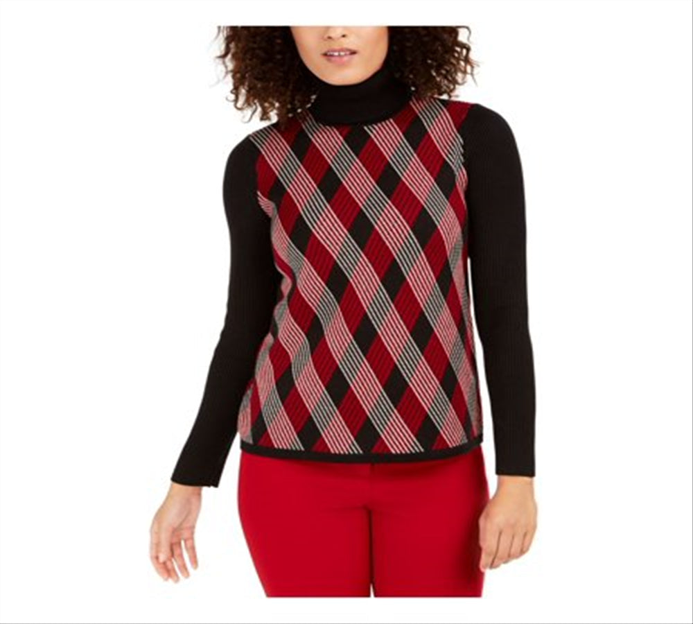 Anne Klein Women's Argyle Long Sleeve Turtle Neck T-Shirt Sweater Black