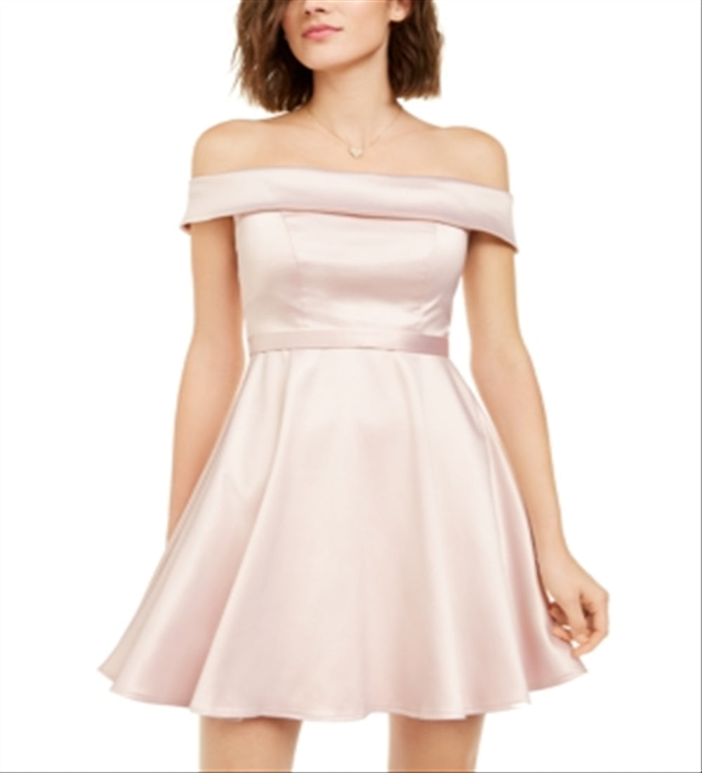 Sequin Hearts Women's Belted Zippered Short Sleeve Off Shoulder Mini Cocktail Fit Flare Dress Pink Size 9