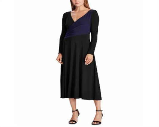 Ralph Lauren Women's Long Sleeve Tea Length Trapeze Formal Dress Black Size 6